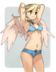  angel_wings armpits arms_behind_head blonde_hair blue_bra blue_hairband blue_panties border bra breasts breath_of_fire breath_of_fire_iv brooch brown_eyes chest_jewel closed_mouth cowboy_shot female grey_background hairband hands_up highres jewelry medium_hair nina_(breath_of_fire_iv) panties small_breasts smile solo standing underwear vins-mousseux white_border wings 