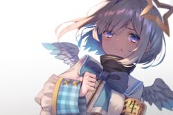  amane_kanata amane_kanata_(1st_costume) angel angel_wings armband asymmetrical_hair bad_id bad_pixiv_id blue_hair bob_cut bow bowtie collar colored_inner_hair cuffs feathered_wings female grey_hair halo hololive hopepe multicolored_hair pout purple_eyes sailor_collar school_uniform short_hair single_hair_intake sleeve_cuffs solo star_halo upper_body virtual_youtuber wings 