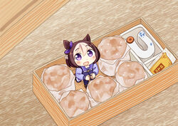  animal_ears blush brown_footwear brown_hair female food hair_between_eyes hinata_yuu horse_ears horse_girl horse_tail long_sleeves mini_person minigirl open_mouth purple_eyes purple_thighhighs school_uniform short_hair shumai_(food) solo special_week_(umamusume) tail thighhighs tracen_school_uniform umamusume white_hair 