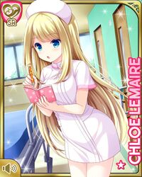  bed blonde_hair blue_eyes character_name chloe_lemaire dress female girlfriend_(kari) hat hospital hospital_bed indoors leaning_forward long_hair notebook nurse nurse_cap official_art open_mouth pantyhose pen pink_dress pink_hat qp:flapper short_dress short_sleeves solo white_pantyhose window writing 