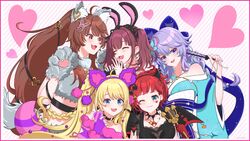  5girls ^_^ ahoge animal_ears animal_hands asahina_akane_(nijisanji) blonde_hair blue_eyes blue_flower blue_kimono blush braid brown_eyes brown_hair closed_eyes cowlick dress earrings facial_mark fake_animal_ears fake_horns flower fox_ears fox_girl fumi_(nijisanji) gloves hair_behind_ear hair_flower hair_ornament head_tilt heart heart_earrings heart_facial_mark highres horns japanese_clothes jewelry kimono lee_roha long_hair mugimugigo multicolored_hair multiple_girls nijisanji nijisanji_id nijisanji_kr nun_bora off-shoulder_dress off_shoulder one_eye_closed paw_gloves purple_dress purple_hair rabbit_ears red_hair short_hair smile streaked_hair twin_braids twintails virtual_youtuber zea_cornelia 