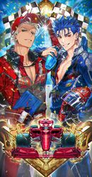  2boys adjusting_clothes adjusting_headwear archer_(fate) arm_on_another&#039;s_shoulder arm_up artist_name baseball_cap black_gloves blue_hair bottle brown_eyes car checkered_flag chest_tattoo collarbone confetti cowboy_shot cu_chulainn_(fate) cu_chulainn_(fate/stay_night) dark-skinned_male dark_skin earrings fate/stay_night fate_(series) flag formula_racer g0ringo gloves hat headphones headphones_around_neck helmet holding holding_bottle holding_helmet holding_tablet_pc jewelry jumpsuit long_hair looking_at_viewer male_focus motor_vehicle multiple_boys pectoral_cleavage pectorals ponytail race_vehicle racecar red_eyes red_headwear red_jumpsuit short_hair single_glove smile sweat tablet_pc tattoo unzipped white_hair 