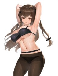  armpits arms_behind_head arms_up bad_id bad_pixiv_id bandeau belt black_belt black_bra black_panties black_pantyhose bra breasts brown_eyes brown_hair commentary cowboy_shot dokomon female girls&#039;_frontline hair_between_eyes hair_ornament hairclip highres k2_(girls&#039;_frontline) large_breasts long_hair looking_at_viewer navel open_mouth panties panties_under_pantyhose pantyhose simple_background solo standing stomach sweat underboob underwear white_background 