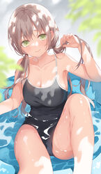  armpits bare_arms bare_legs bare_shoulders black_one-piece_swimsuit blurry blurry_background blurry_foreground blush breasts cleavage closed_mouth collarbone day depth_of_field female green_eyes hair_between_eyes highleg highleg_swimsuit highres knee_up kurasawa_moko large_breasts light_brown_hair long_hair looking_at_viewer low_twintails no_bra one-piece_swimsuit original outdoors partially_submerged school_swimsuit sitting solo swimsuit thighs twintails water wet 