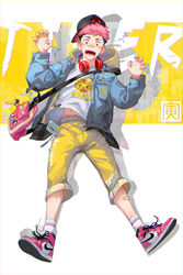  1boy absurdres air_jordan air_jordan_1 backwards_hat bag bandaid bandaid_on_face bandaid_on_nose baseball_cap beitemian blue_jacket brown_eyes facial_mark fushiguro_megumi gojou_satoru hat headphones headphones_around_neck highres hood hood_down hooded_jacket itadori_yuuji jacket jujutsu_kaisen kugisaki_nobara looking_at_viewer male_focus open_clothes open_jacket open_mouth pants pink_footwear pink_hair shirt short_hair shoulder_bag solo streetwear undercut white_shirt yellow_pants 