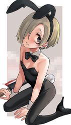  animal_ears bags_under_eyes black_leotard blonde_hair blood blood_on_knife blood_on_weapon border bow bowtie breasts cleaver detached_collar ear_piercing fake_animal_ears female hair_over_one_eye high_heels highres idolmaster idolmaster_cinderella_girls knife leotard looking_at_viewer miyamae_(miyazen9311) oversized_breast_cup pantyhose piercing playboy_bunny rabbit_ears rabbit_tail shirasaka_koume short_hair sitting small_breasts solo strapless strapless_leotard tail wariza weapon white_border wrist_cuffs 