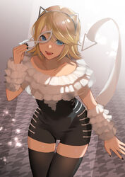  alternate_costume animal_ears blonde_hair blue_eyes cat_ears collar collarbone commentary fake_animal_ears female frilled_collar frills highres holding holding_mask kagamine_rin leaning_forward mask meriko oerba_yun_fang open_mouth smile solo thighhighs vocaloid wrist_cuffs zettai_ryouiki 