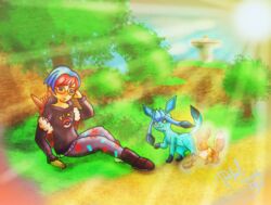  eevee eeveelution embrioeldragon female feral generation_1_pokemon generation_4_pokemon glaceon group human mammal nintendo nintendo_switch penny_(pokemon) pokemon pokemon_(species) trio 