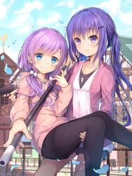  2girls barn black_legwear blowgun blue_eyes blush breasts brown_legwear carrying commentary dog_tags flat_chest gochuumon_wa_usagi_desu_ka? gun highres holding holding_gun holding_weapon karede_yura long_sleeves looking_at_viewer multiple_girls outdoors pantyhose petals princess_carry purple_eyes purple_hair shenhai_(2556146833) short_shorts shorts sidelocks skirt sky small_breasts smile standing tedeza_rize twintails weapon yuri 