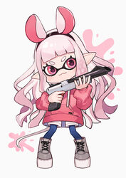  :3 animal_ears black_hairband blue_pantyhose closed_mouth commentary drawstring fake_animal_ears female full_body grey_background grey_footwear hairband holding holding_weapon hood hoodie inkling inkling_girl inkling_player_character long_hair long_sleeves mouse_ears mouse_tail n-zap_(splatoon) pantyhose pink_eyes pink_hair pink_hoodie platform_footwear pointy_ears puffy_long_sleeves puffy_sleeves shoes short_eyebrows shorts shugao solo splatoon_(series) standing symbol-only_commentary tail thick_eyebrows very_long_hair weapon white_shorts 