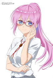  absurdres adjusting_eyewear blue_eyes closed_mouth collared_shirt female glasses grey_skirt hair_between_eyes hand_on_eyewear highres kawaii_dake_ja_nai_shikimori-san long_hair looking_at_viewer megami_magazine nicca_(kid_nicca) official_art pink_hair pleated_skirt ponytail red-framed_eyewear scan school_uniform shikimori_(kawaii_dake_ja_nai) shirt short_sleeves simple_background skirt smile solo upper_body white_background white_shirt 