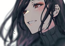  black_hair blurry blurry_background blush brown_eyes female grey_sweater hair_behind_ear long_hair looking_up namakawa nijisanji portrait ribbed_sweater shirayuki_tomoe shirayuki_tomoe_(1st_costume) smile solo sweater tearing_up turtleneck turtleneck_sweater virtual_youtuber 