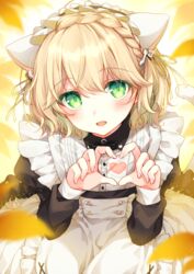  1boy alternate_costume animal_ears bell blonde_hair blush cat_ears cat_tail commentary_request enmaided green_eyes hair_bell hair_ornament heart heart_hands highres long_sleeves looking_at_viewer maid maid_headdress male_focus nijisanji nikyuppa official_alternate_costume otoko_no_ko parted_lips short_hair smile solo suzuya_aki suzuya_aki_(5th_costume) tail virtual_youtuber 