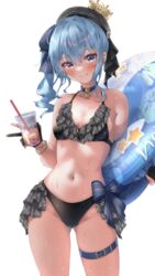  absent absurdres ass_visible_through_thighs beret bikini black_bikini blue_choker blue_eyes blue_hair blush breasts choker closed_mouth cowboy_shot crown cup disposable_cup drinking_straw female frilled_bikini frills gloves groin hat highres holding holding_cup holding_swim_ring hololive hoshimachi_suisei innertube looking_at_viewer mini_crown navel partially_fingerless_gloves plaid side_ponytail simple_background small_breasts smile solo star_(symbol) star_choker stomach swim_ring swimsuit thigh_strap thighs virtual_youtuber wet white_background 