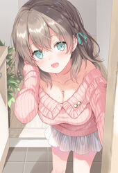  bare_shoulders blue_eyes blue_ribbon blush braid breasts brown_hair cleavage collarbone commentary doorway earrings female hair_ribbon hand_in_own_hair hand_up heart heart_necklace indoors jewelry kurasawa_moko leaning_forward long_sleeves looking_at_viewer medium_breasts medium_hair miniskirt mole mole_on_breast necklace off-shoulder_sweater off_shoulder open_mouth opening_door original pink_sweater plant pleated_skirt pov_doorway ribbed_sweater ribbon skirt smile solo standing sweater wooden_floor 