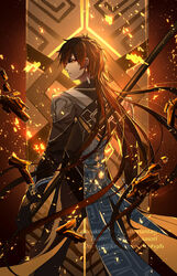  1boy alchemical_quincunx back black_gloves black_hair brown_background brown_hair chinese_clothes coattails debris deviantart_username diamond-shaped_pupils diamond_(shape) earrings eyeliner eyeshadow floating floating_object formal from_side genshin_impact gloves glowing gradient_hair hair_between_eyes highres holding holding_polearm holding_weapon jewelry kurosaki_sasori light long_hair long_sleeves makeup male_focus multicolored_hair orange_hair pants polearm red_eyeshadow sidelocks signature single_earring solo spear stele suit symbol-shaped_pupils tassel tassel_earrings twitter_username very_long_hair vision_(genshin_impact) weapon yellow_eyes zhongli_(genshin_impact) 