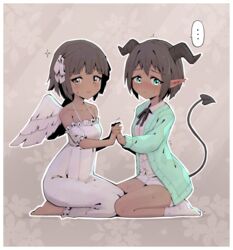  ... 2girls absurdres angel angel_and_devil aqua_cardigan averting_eyes bare_shoulders barefoot black_horns black_ribbon blunt_bangs blush bob_cut border breasts brown_background brown_eyes brown_hair buttons cardigan choco_(rune_(dualhart)) closed_mouth collarbone collared_shirt commentary dark-skinned_female dark_skin demon_girl demon_tail dress ear_blush feathered_wings floral_background frilled_dress frilled_sleeves frills from_side full_body green_eyes hair_intakes hair_ribbon hands_up happy highres holding_hands horns interlocked_fingers kneeling long_sleeves looking_to_the_side miniskirt multiple_girls natali_(rune_(dualhart)) neck_ribbon nervous nose_blush off-shoulder_dress off_shoulder open_cardigan open_clothes original outline paresthesia pencil_skirt pointy_ears ribbon rune_(dualhart) seiza shirt short_hair short_sleeves sidelocks simple_background sitting skirt small_breasts smile socks spaghetti_strap sparkle speech_bubble spoken_ellipsis sweat symmetry tail trembling wavy_mouth white_border white_dress white_outline white_ribbon white_shirt white_skirt white_socks white_wings wings yuri 