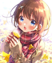  airplane_hair_ornament blue_eyes blush brown_hair female food hair_ornament highres holding holding_food long_hair long_sleeves looking_at_viewer mozukun43 oerba_yun_fang open_mouth original red_scarf scarf solo twitter_username upper_body 