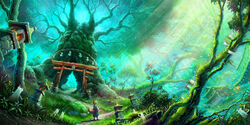  animal_ears building forest grass green original scenic tail tami torii tree 