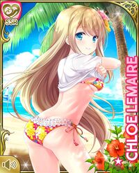  ass beach bikini bikini_under_clothes blonde_hair blue_eyes breasts character_name chloe_lemaire clothes_lift cloud day female floral_print flower from_behind girlfriend_(kari) hair_flower hair_ornament lifting_own_clothes long_hair looking_back no_pants ocean official_art outdoors palm_tree print_bikini qp:flapper shirt shirt_lift short_sleeves side-tie_bikini_bottom sideboob sky smile solo swimsuit t-shirt thighs tree undressing white_shirt 