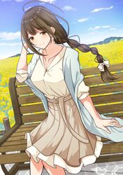  ahoge bench blush braid braided_ponytail breasts brown_eyes brown_hair cleavage collarbone female field flower flower_field highres idolmaster idolmaster_shiny_colors kuwayama_chiyuki large_breasts long_hair long_sleeves looking_at_viewer noeomi outdoors shawl single_braid sitting skirt smile solo sweater thighs 