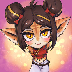  antenna_hair bare_shoulders blush bow brown_background commentary double_bun female firecracker_tristana grey_pants hair_bun hairbow heart heart-shaped_pupils league_of_legends midriff multicolored_background orange_eyes pants phantom_ix_row pink_background pointy_ears red_bow red_shirt rope shirt short_hair smile solo symbol-only_commentary symbol-shaped_pupils tristana yordle 