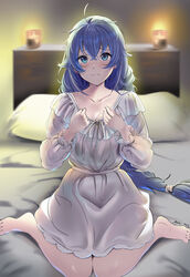  absurdres ahoge barefoot blue_eyes blue_hair blurry blurry_background braid closed_mouth collarbone commentary_request dated female hair_between_eyes highres indoors light_blush long_braid long_sleeves looking_at_viewer mushoku_tensei nightgown on_bed partial_commentary roxy_migurdia signature sitting solo toes twin_braids wariza white_nightgown yujin_(kanouyuuto-0423) 