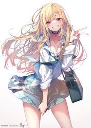  aqua_skirt bag barbell_piercing bead_bracelet beads black_choker blonde_hair blue_necktie blush bracelet breasts choker cleavage clothes_pull collarbone collared_shirt commentary dress_shirt ear_piercing earrings fake_nails female floating_hair grin gyaru handbag hong_(white_spider) industrial_piercing jewelry kitagawa_marin large_breasts long_hair long_sleeves looking_at_viewer making-of_available multiple_earrings nail_polish necktie nikaidou_shion piercing pink_nails pleated_skirt pulling_own_clothes red_eyes school_uniform shirt skirt skirt_pull smile solo sono_bisque_doll_wa_koi_wo_suru standing stud_earrings very_long_hair w white_shirt 