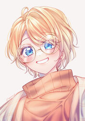  absurdres blonde_hair female glasses grey_background head_tilt highres indonesian_commentary looking_at_viewer mootea nijisanji nijisanji_id official_alternate_costume orange_sweater parted_lips portrait round_eyewear short_hair smile solo sweater virtual_youtuber zea_cornelia zea_cornelia_(3rd_costume) 