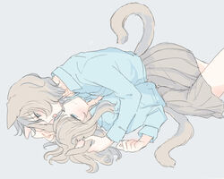  2girls animal_ears blue_eyes blue_shirt blush cat_ears cat_girl cat_tail closed_mouth collared_shirt commentary_request cowboy_shot cowgirl_position grey_background grey_hair grey_skirt hand_in_another&#039;s_hair inutose licking licking_another&#039;s_face long_hair long_sleeves lying multiple_girls on_back open_collar open_mouth original playing_with_another&#039;s_ears pleated_skirt shirt shirt_tucked_in short_hair simple_background skirt tail yuri 