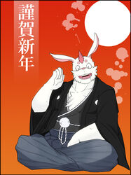  2011 anthro black_bars chinese_new_year chinese_zodiac clothing fur holidays humanoid_hands kemono lagomorph launcher_r leporid letterbox male mammal overweight overweight_anthro overweight_male rabbit robe solo white_body white_fur year_of_the_rabbit 