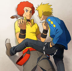  2boys afro belt black_choker black_pants blonde_hair blue_jacket brown_footwear choker closed_mouth commentary_request fingernails flint_(pokemon) foot_kabedon hand_in_pocket holding holding_spoon jacket kabedon long_sleeves looking_at_another male_focus multiple_boys pants pokemon pokemon_dppt pokipoki red_hair shirt shoes spoon sweat volkner_(pokemon) yellow_shirt 