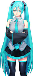  bare_shoulders black_skirt black_sleeves black_thighhighs blue_eyes blue_hair blue_necktie boots commentary cowboy_shot crossed_arms detached_sleeves expressionless female grey_shirt hair_ornament hatsune_miku highres lips long_hair looking_to_the_side meriko miniskirt necktie pleated_skirt shirt skirt sleeveless sleeveless_shirt solo standing thigh_boots thighhighs twintails very_long_hair vocaloid white_background zettai_ryouiki 