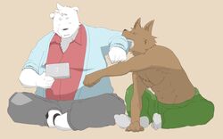  16:10 2010 anthro bear bottomwear brown_body brown_fur canid canine canis closed_eyes clothing domestic_dog duo fur kemono launcher_r male mammal muscular overweight overweight_male pants shirt simple_background sitting topwear white_body white_fur widescreen 