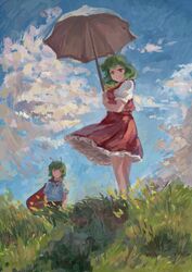  2girls antennae ascot blue_sky breasts cape claude_monet_(style) collared_shirt day faux_traditional_media fine_art_parody flat_chest frilled_skirt frills grass green_eyes green_hair highres hyoutan_tan kazami_yuuka landscape long_sleeves medium_skirt multiple_girls outdoors parody petticoat plaid plaid_skirt plaid_vest red_cape red_eyes red_skirt red_vest shirt short_hair skirt skirt_set sky small_breasts texture three_quarter_view touhou two-sided_cape two-sided_fabric vest white_shirt woman_with_a_parasol wriggle_nightbug 