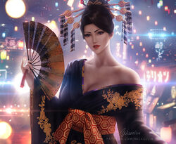  artist_name black_eyes black_hair black_kimono breasts cleavage collarbone female final_fantasy final_fantasy_vii final_fantasy_vii_remake floral_print folding_fan gold_trim hair_bun hair_ornament hair_stick hand_fan holding holding_fan japanese_clothes kimono large_breasts looking_at_viewer madam_m makeup neon_lights nose off_shoulder pale_skin parted_lips patreon_username pinky_out red_lips solo upper_body wickellia wide_sleeves 