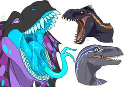  ambiguous_gender black_body black_frill black_scales blue_(jurassic_world) blue_teeth blue_tongue bodily_fluids countershading dinosaur ear_frill extinct forked_tongue frill_(anatomy) glistening glistening_eyes glistening_tongue headshot_portrait imperatorcaesar indoraptor jurassic_park jurassic_world maw_(imperatorcaesar) mouth_shot multiple_images open_mouth orange_body orange_eyes orange_scales portrait prehistoric_species pupils purple_background purple_frill red_sclera red_tongue reptile ripper_(jurassic_world) saliva saliva_string scales scalie side_view signature simple_background slit_pupils solo tan_teeth teeth theropod tongue tongue_out universal_studios white_background 