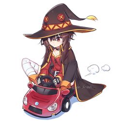  artist_name black_thighhighs brown_hair brown_hat choker closed_mouth collarbone commission female fingerless_gloves gloves hair_between_eyes hat kono_subarashii_sekai_ni_shukufuku_wo! long_hair looking_away megumin pon_fresh red_eyes simple_background single_thighhigh sitting solo thighhighs toy_car white_background 