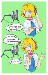  58.2kg alice_margatroid blonde_hair blue_dress blue_eyes border capelet commentary_request cookie_(touhou) cropped_torso dress english_text female fox_shadow_puppet green_background headphones highres holding holding_paper looking_to_the_side microphone open_mouth paper profanity red_scarf scarf short_hair studio_microphone touhou upper_body web_(cookie) white_border white_capelet 