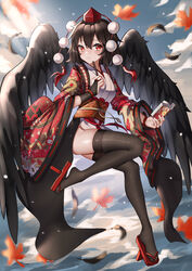  absurdres ailu_elf black_hair black_thighhighs black_wings blue_sky book calligraphy_brush chinese_commentary commentary_request female fingerless_gloves floating full_body geta gloves hat highres japanese_clothes kimono notebook obi paintbrush partial_commentary pelvic_curtain red_eyes red_footwear sash shameimaru_aya sky solo tengu-geta thighhighs tokin_hat touhou wide_sleeves wings 