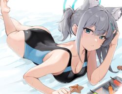  absurdres animal_ear_fluff animal_ears ass bare_arms bare_shoulders barefoot black_one-piece_swimsuit blue_archive blue_eyes blush breasts bright_pupils cleavage collarbone competition_swimsuit cross_hair_ornament earrings extra_ears feet female food foot_out_of_frame foot_up grey_hair hair_ornament halo hand_on_own_head highres jewelry leg_up looking_at_viewer lying lying_on_water medium_breasts mismatched_pupils mr.zhuo official_alternate_costume on_stomach one-piece_swimsuit parted_lips ponytail popsicle shallow_water shiroko_(blue_archive) shiroko_(swimsuit)_(blue_archive) short_ponytail sidelocks soles solo star_(symbol) starfish stud_earrings swimsuit the_pose water wet wet_hair white_pupils wolf_ears 