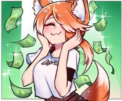  animal_ears banknote blush closed_eyes closed_mouth collarbone commission facing_viewer female fox_ears fox_girl fox_tail gradient_hair hair_over_one_eye hands_on_own_face money multicolored_hair oerba_yun_fang orange_hair original pon_fresh short_hair short_sleeves skin_fang smile solo swept_bangs tail white_hair 