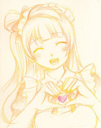  ^_^ apron blush closed_eyes colored_pencil_(medium) commentary_request female heart heart_hands kuratsuka_riko long_hair love_live! love_live!_school_idol_project love_live!_sunshine!! maid_headdress minami_kotori one_side_up open_mouth smile solo traditional_media 