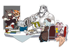  2boys 4girls animal_ears arknights bear_ears blue_eyes blue_hair book brown_hair chair chinese_commentary closed_eyes commentary_request cookie cup drinking food fourth_wall furry furry_female furry_male glasses grey_hair highres holding holding_book holding_cup istina_(arknights) jaye_(arknights) large_pectorals looking_at_another may_(arknights) mountain_(arknights) multicolored_hair multiple_boys multiple_girls muscular muscular_male open_book pectorals pink_hair pinky_out plate red-framed_eyewear red_hair sitting streaked_hair striped_fur sweat teacup tiger_boy tiger_ears waai_fu_(arknights) yu_yanshu zima_(arknights) 