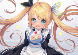  absurdres aged_down apron black_dress black_ribbon blonde_hair blush cake dress english_commentary female floating_hair food fruit hair_behind_ear hair_ribbon highres holding holding_plate ikazu401 long_hair maid maid_apron nijisanji nijisanji_id open_mouth plate ribbon smile solo star_(symbol) star_in_eye strawberry symbol_in_eye very_long_hair virtual_youtuber white_ribbon zea_cornelia 