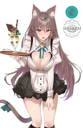  animal_ear_fluff animal_ears apron artist_name black_skirt blush bow breasts brown_hair cat_ears cat_girl cat_tail cleavage cleavage_cutout clothing_cutout collared_shirt feet_out_of_frame female food hairbow highres holding holding_tray ice_cream juliet_sleeves large_breasts long_hair long_sleeves looking_at_viewer mauve_(yaman) mole mole_on_breast nose_blush open_mouth original paid_reward_available puffy_sleeves purple_eyes shirt simple_background skirt solo spoon suspender_skirt suspenders tail tail_bow tail_ornament tray waist_apron white_background white_shirt yaman 