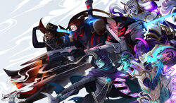  3boys 3girls :d abs bandaged_arm bandages bekkomi black_cape black_headwear breasts brown_hair cape card character_request cleavage colored_skin cosmic_destiny_nami dark-skinned_female dark_skin demon_boy detached_sleeves floating floating_object from_side grin gun hair_bun helmet high_noon_senna highres holding holding_gun holding_weapon hood hood_up hooded_cape horns jhin large_breasts league_of_legends long_hair long_sleeves multiple_boys multiple_girls nami_(league_of_legends) official_alternate_costume open_mouth pointy_ears project_jhin pulsefire_shen purple_skin reaper_soraka red_headwear senna_(league_of_legends) shen_(league_of_legends) single_hair_bun single_horn smile soraka_(league_of_legends) spirit_blossom_(league_of_legends) spirit_blossom_thresh teeth thresh_(league_of_legends) weapon weapon_on_back 