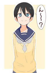  ame_(amechan17391739) arms_behind_back bad_id bad_twitter_id black_hair blue_eyes blue_sailor_collar blush_stickers border bright_pupils closed_mouth commentary female grey_neckerchief highres looking_at_viewer motosu_school_uniform neckerchief outline outside_border sailor_collar saitou_ena school_uniform serafuku short_hair smile solo standing sweater translated upper_body v-neck very_short_hair white_border white_outline white_pupils yellow_background yellow_sweater yurucamp 