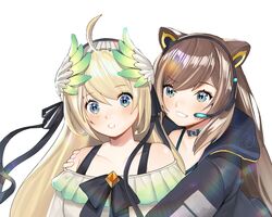  2girls animal_ears black_jacket black_ribbon blonde_hair blue_eyes blush brown_hair collarbone dress frilled_dress frills hair_ribbon hana_macchia hana_macchia_(2nd_costume) head_wings headset highres hug hug_from_behind jacket lens_flare multiple_girls najjo nijisanji nijisanji_id off-shoulder_dress off_shoulder official_alternate_costume parted_lips ribbon smile virtual_youtuber white_dress wings zea_cornelia zea_cornelia_(2nd_costume) 