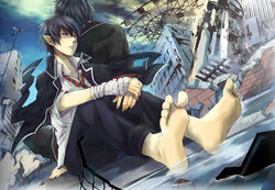  5_fingers 5_toes amusement_ride ao_no_exorcist arm_on_knee arm_on_leg arm_wraps arms_bent arnef bandage bandaged_arm barefoot bent_legs black_hair blue_eyes blue_sky clothing crossed_hands demon desolate detailed_background duo dutch_angle feet feet_in_water ferris_wheel fingers hair hands_on_leg hands_on_own_leg hands_on_own_shin hands_on_shin hands_together holding_leg holding_shin human humanoid humanoid_feet humanoid_pointy_ears jacket jacket_on_shoulders knees_together legs_together low-angle_view male mammal necktie not_furry on_heels partially_submerged plantigrade rin_okumura rubble ruined_building shallow_water sitting sky soaking_feet soles toes topwear wraps yukio_okumura 